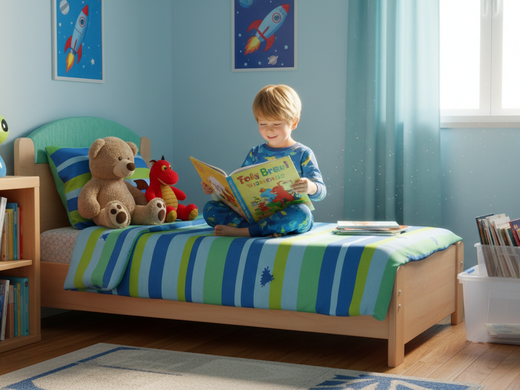 Young boy reading on his bed with rocket-themed room decor