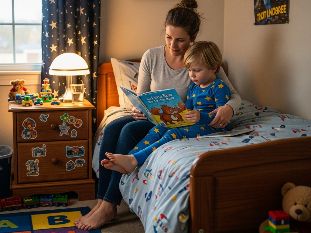 Mother and child reading together during cozy bedtime story