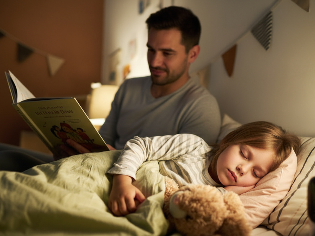 Father reading bedtime story to sleepy daughter