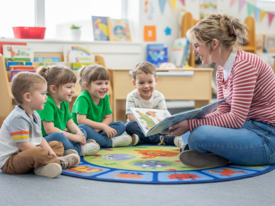 Teacher reading to group of children in classroom setting