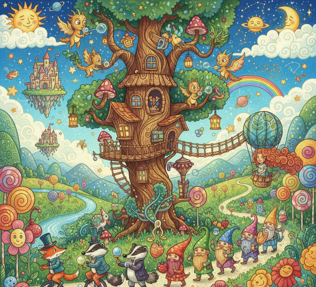 Magical treehouse with dragons and fantasy creatures